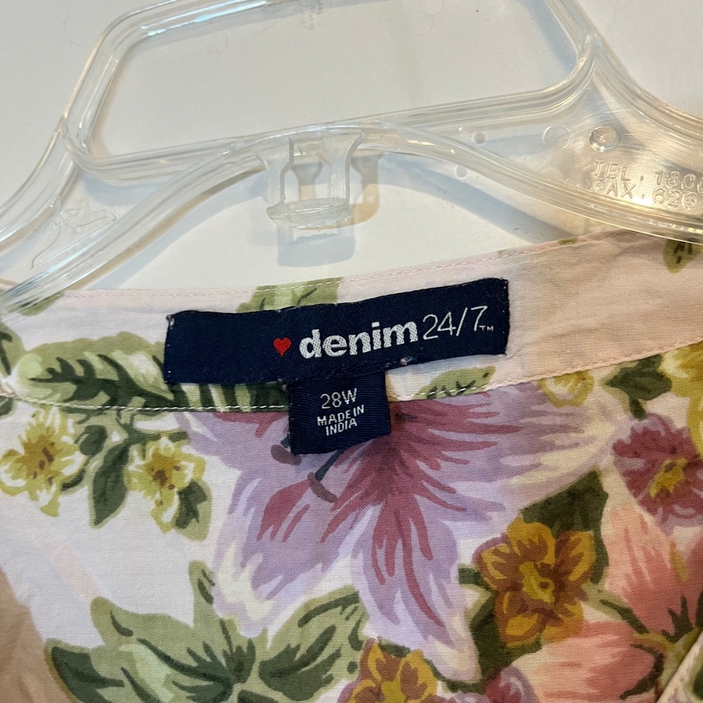 denim 24/7 shirt popover blouse pink purple green floral cotton Plus size 28W - Picture 5 of 6